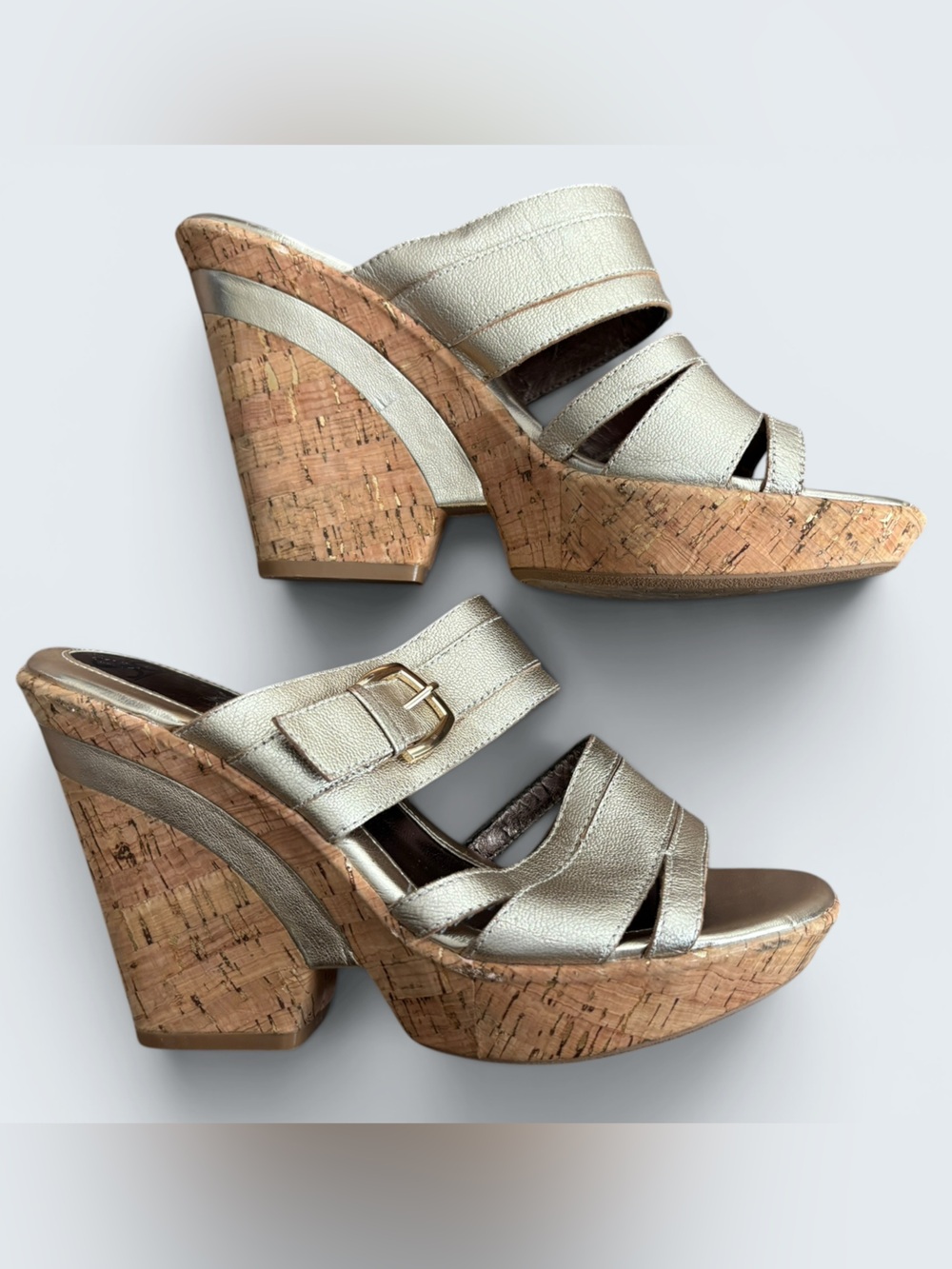 Sofft Metallic Gold Leather Cork Wedge Open Toe Slides Sandals Size 9